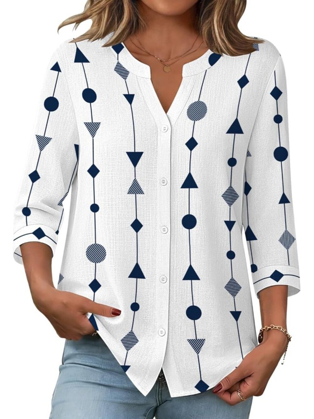 Women Geometric Button Down Sleeve Linen Cotton V Neck Casual Loose Work Blouses